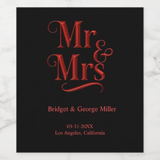 Mr. & Mrs. Gothic'結婚 - Red Metallic script ワインラベル (シングルラベル)