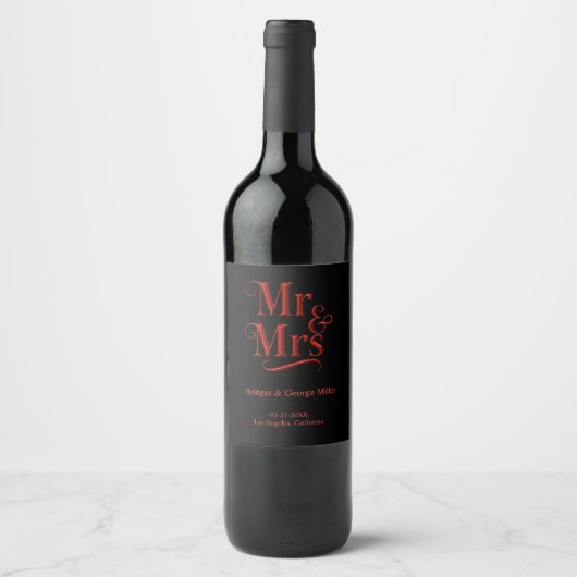 Mr. & Mrs. Gothic'結婚 - Red Metallic script ワインラベル (正面)