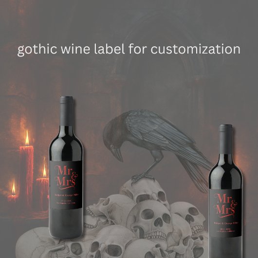 Mr. & Mrs. Gothic'結婚 - Red Metallic script ワインラベル