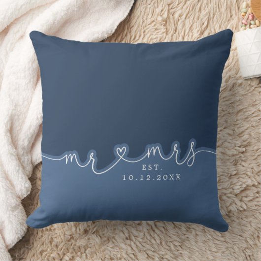 Mr Mrs Heart Script Dusty Blue Wedding Pillow クッション (ブランケット)