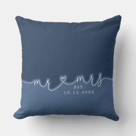 Mr Mrs Heart Script Dusty Blue Wedding Pillow クッション