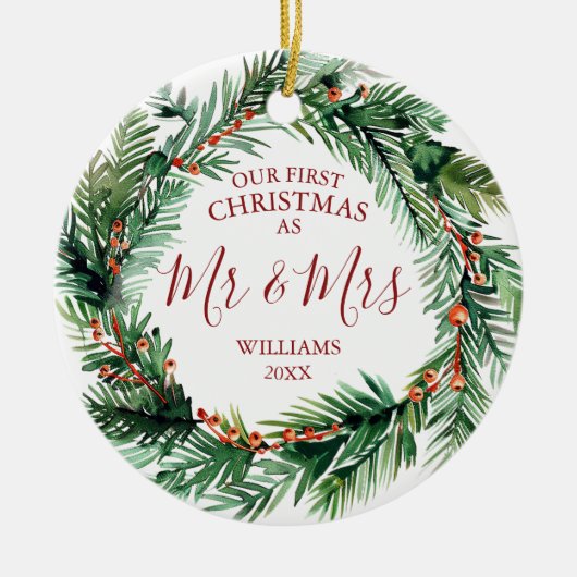 Mr. & Mrs. Namesの初めてのクリスマス写真リース セラミックオーナメント (正面)