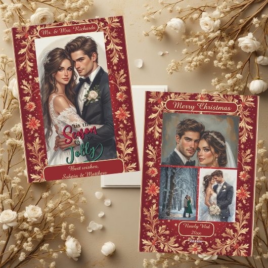 Mr & Mrs Newly Wed Christmas Gold Foliage 4 Photos シーズンカード