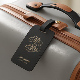 Mr. & Mrs. Newlyweds金ゴールドスクリプトブラック結婚ズ ラゲッジタグ