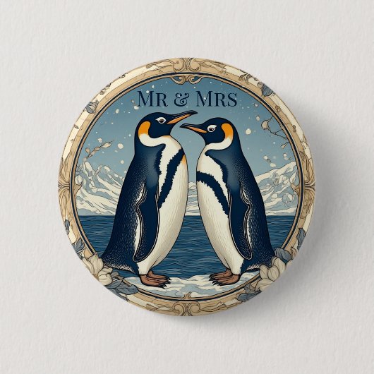 Mr & Mrs Penguin Couple Snow Winter Glacier Blue  缶バッジ (正面)