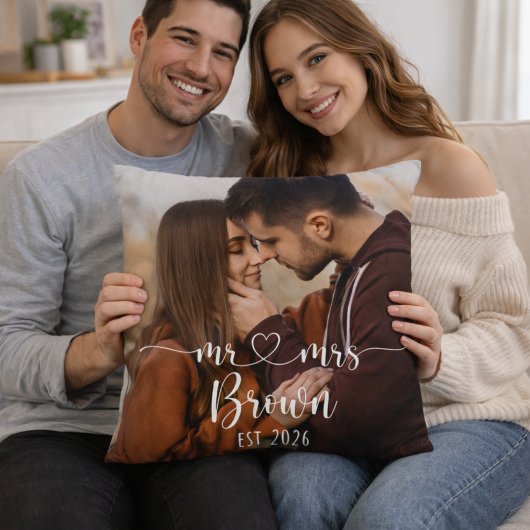 Mr & Mrs Personalized Photo Throw Pillow クッション