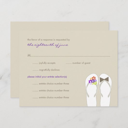 Mr. & Mrs. Purpleビーチサンダルビーチ結婚式RSVPカード 出欠カード (正面/裏面)