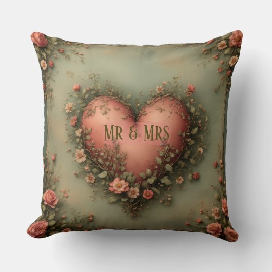 Mr & Mrs Romantic Heart Botanical Greenery Garden  クッション (正面)