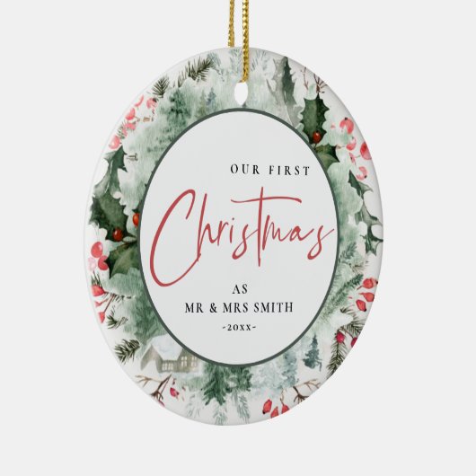 Mr.Mrs.Winterの初めてのクリスマス写真のリース セラミックオーナメント (右)