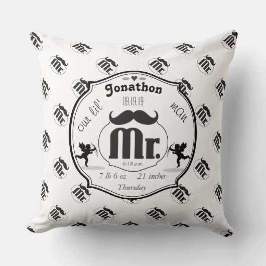 Mr.Mustache Lil Man男の赤ちゃん統計 クッション (正面)