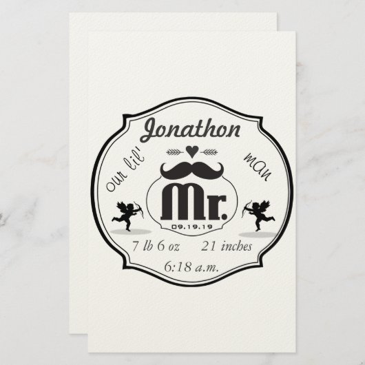 Mr.Mustache Lil Man男の赤ちゃん統計 便箋 (正面/裏面)