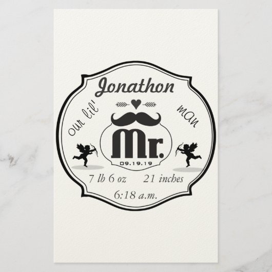 Mr.Mustache Lil Man男の赤ちゃん統計 便箋 (正面)
