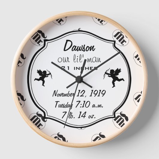 Mr.Mustache Lil Man男の赤ちゃん統計 壁時計 (正面)