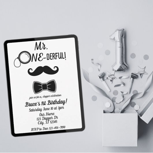Mr. ONE-derful ヒゲと蝶ネクタイ 1歳の誕生日 招待状