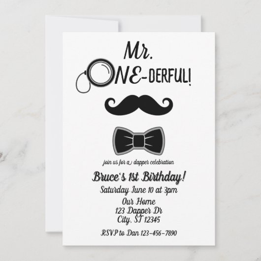 Mr. ONE-derful mustache and bowtie 1st birthday 招待状 (正面)