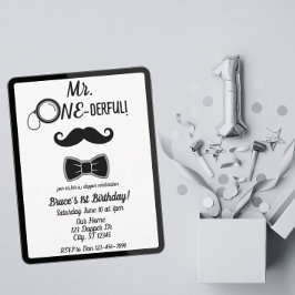 Mr. ONE-derful mustache and bowtie 1st birthday 招待状