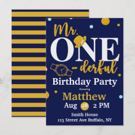 Mr. One-derful Navy and Birthday Party Invita 招待状