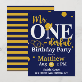 Mr. One-derful Navy and Birthday Party Invita 招待状