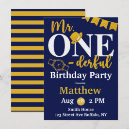Mr. One-derful Navy and Birthday Party Invita 招待状