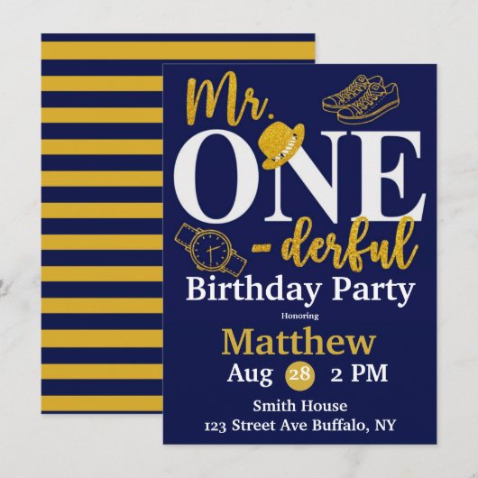 Mr. One-derful Navy and Birthday Party Invita 招待状 (正面/裏面)