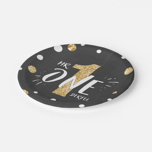 Mr Onederfulパーティー紙プレートボーイブラック金ゴールド ペーパープレート (アングル)