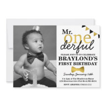 Mr. Onederfulブラックと金ゴールド招待状と写真