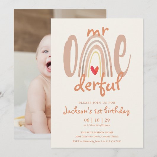 Mr Onederful ボヘミアン レインボー ハート 写真 1歳の誕生日 招待状 (正面/裏面)