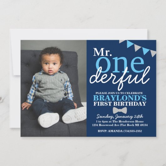 Mr. Onederful 1st誕生日の変更できる色の写真 招待状 (正面)