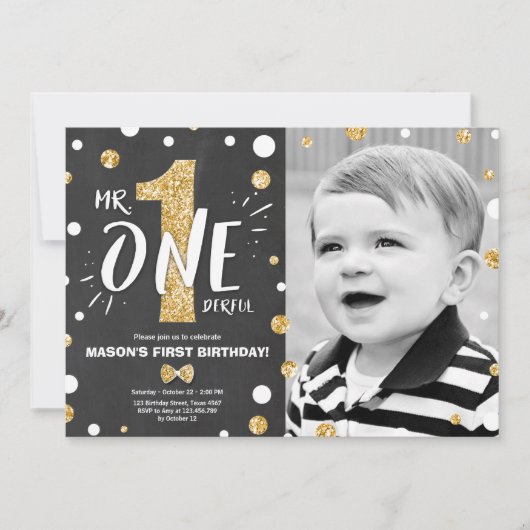 Mr. onederful birthday invitation Boy Black金ゴールド 招待状 (正面)