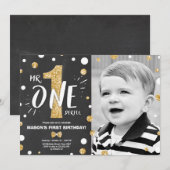 Mr. onederful birthday invitation Boy Black金ゴールド 招待状 (正面/裏面)