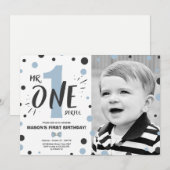 Mr. onederful birthday invitation Boy Black Blue 招待状 (正面/裏面)