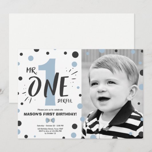 Mr. onederful birthday invitation Boy Black Blue 招待状 (正面/裏面)