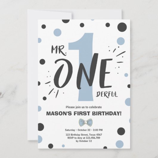 Mr. onederful birthday invitation Boy Black Blue 招待状 (正面)