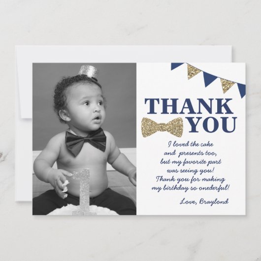 Mr. Onederful Blueと金ゴールドファースト誕生日写真 サンキューカード (正面)