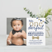 Mr. Onederful Blueと金ゴールドファースト誕生日写真 招待状 (スタンド正面)