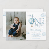 Mr. Onederful Blue Balloon Boy Photo 1st Birthday 招待状 (正面/裏面)