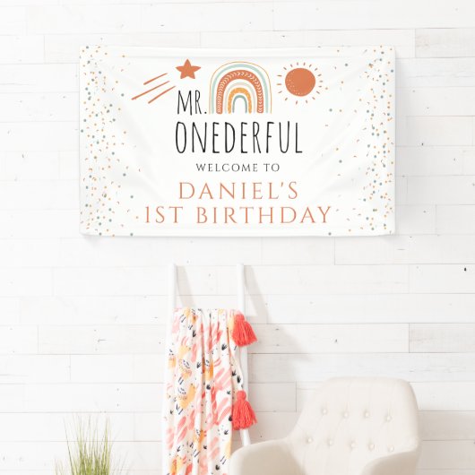 MR Onederful Boho Rainbow 1st Birthday Welcomサイン 横断幕 (インサイチュ)
