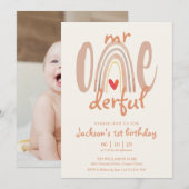 Mr Onederful Boho Rainbow Heart Photo 1st Birthday 招待状 (正面/裏面)