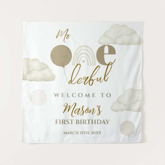 Mr Onederful Cloud Dream Boho Neutral 1st Birthday タペストリー (正面)