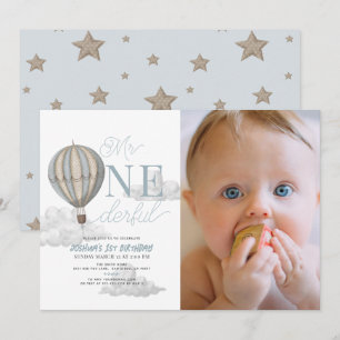 Mr. Onederful Hot Air Balloon 1st Birthday Photo 招待状