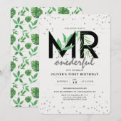 MR Onederful Tropical Greeneryモダン1st Birthday 招待状 (正面/裏面)