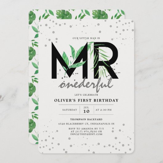 MR Onederful Tropical Greeneryモダン1st Birthday 招待状 (正面/裏面)