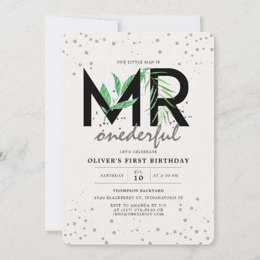 MR Onederful Tropical Greeneryモダン1st Birthday 招待状 (正面)