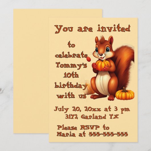 Mr. Squirrel Fall Birthday Party Invitation 招待状 (正面/裏面)