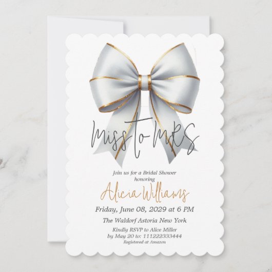 MRS恋しく思金ゴールドホワイトボウブライダルシャワー 招待状 (正面)