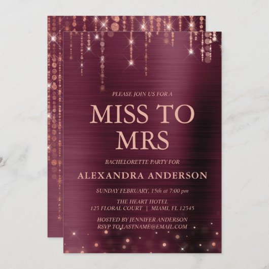 Mrs恋しく思 Pink Burgundyバラ金ゴールドバチェロレッテ 招待状 (正面/裏面)