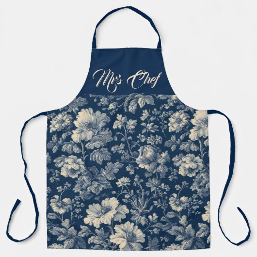 Mrs Chef Typography Indigo French Toile Floral  エプロン (正面)