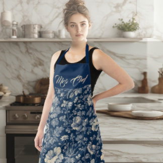 Mrs Chef Typography Indigo French Toile Floral  エプロン