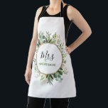 Mrs Greeneryエレガント金ゴールドカスタム結婚モノグラム エプロン<br><div class="desc">本植物デザインは、緑刺激を受けたと金ゴールドに水色の緑のリースを特徴とする。エプロンの名前、イニシャル、好きなものを選んでください。</div>