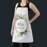 Mrs Greeneryエレガント金ゴールドカスタム結婚モノグラム エプロン<br><div class="desc">本植物デザインは、緑刺激を受けたと金ゴールドに水色の緑のリースを特徴とする。エプロンの名前、イニシャル、好きなものを選んでください。</div>